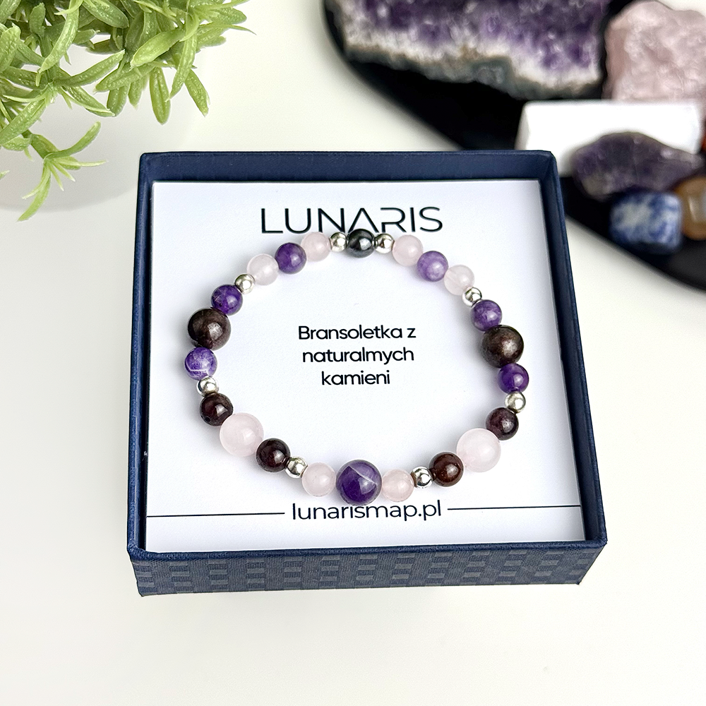 Bransoletka z naturalnych kamieni Różowy Kwarc, Ametyst i Granat – Miłość, Harmonia, Pasja